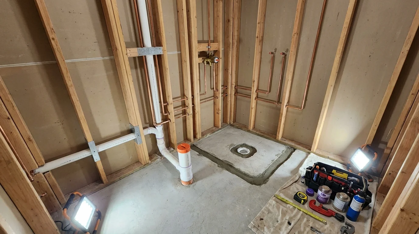Bathroom rough-in plumbing during remodel by Johns Plumbing LLC in Diamondhead