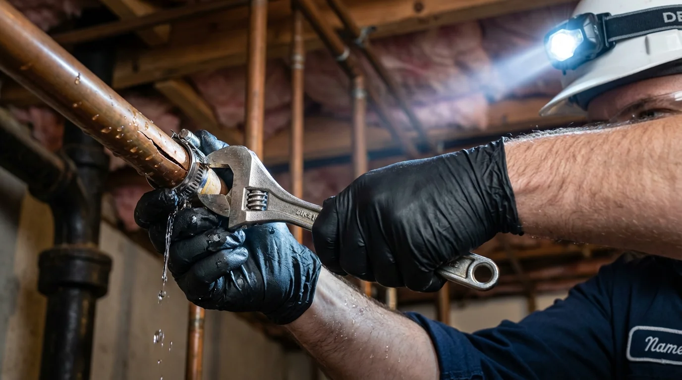 Emergency pipe clamp repair being performed by a Johns Plumbing LLC plumber in Diamondhead