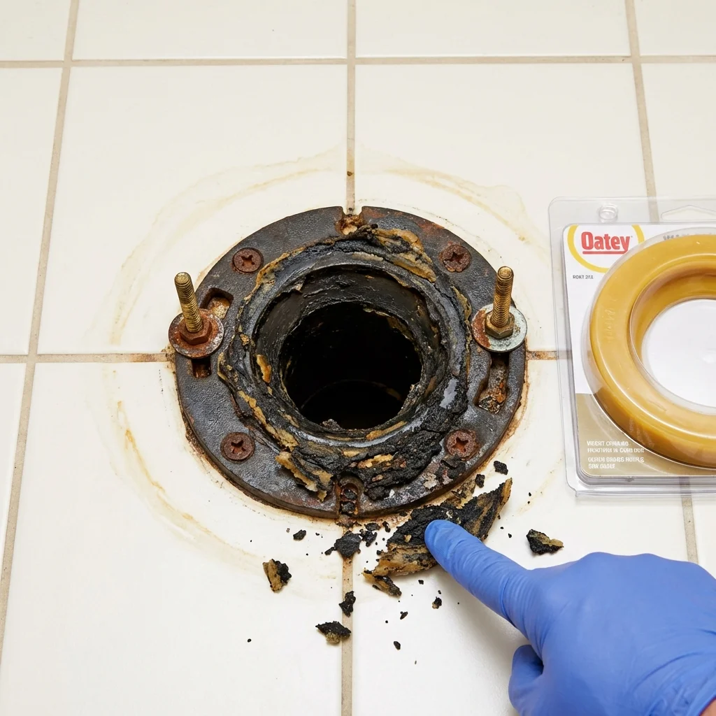 Failed wax ring showing water seepage at the base of a toilet in a Diamondhead, MS home