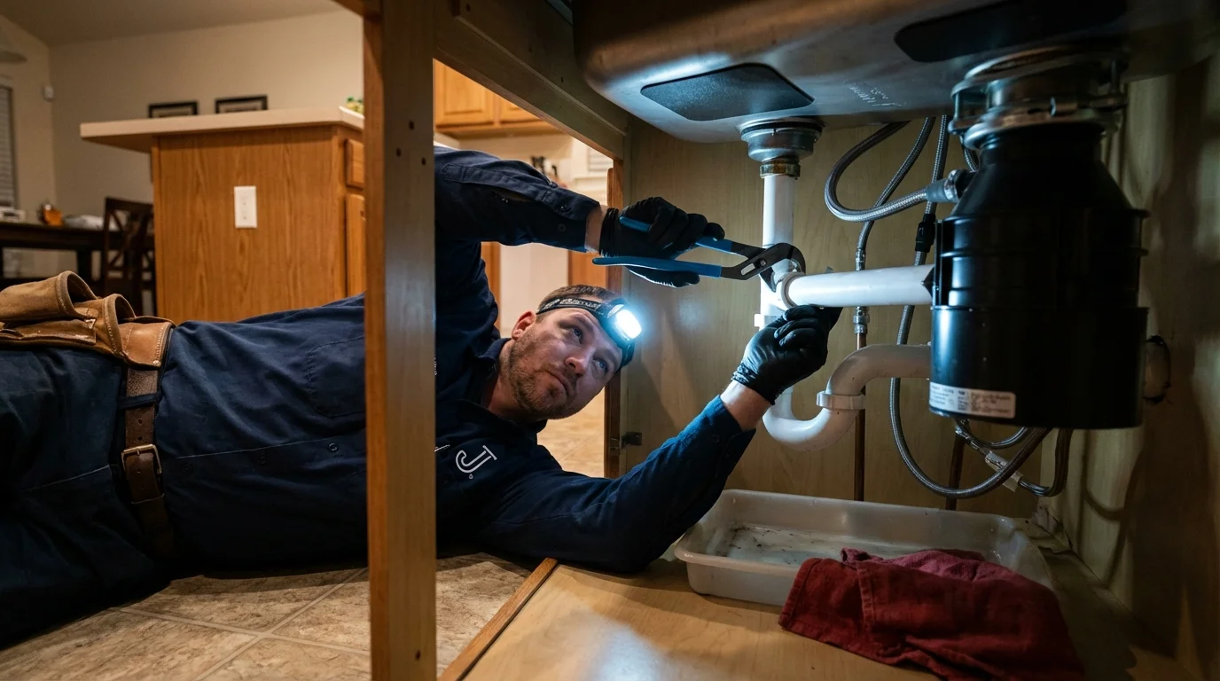 P-trap and supply line connections under a kitchen sink showing a common leak point in Diamondhead, MS